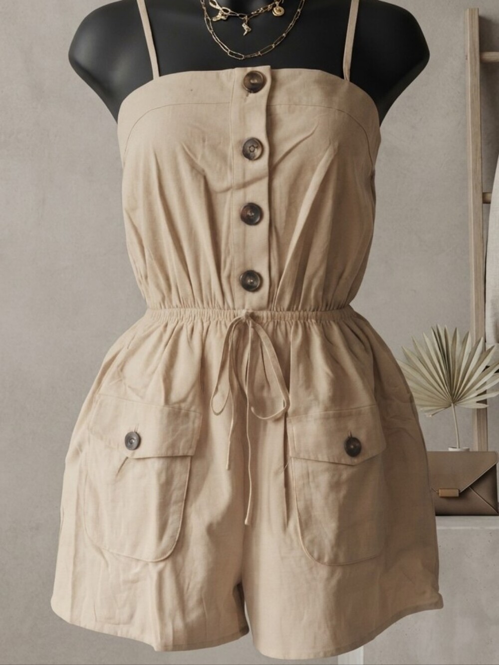 Sleeveless Beige Button-Front Linen-Blend Romper with Drawstring Waist